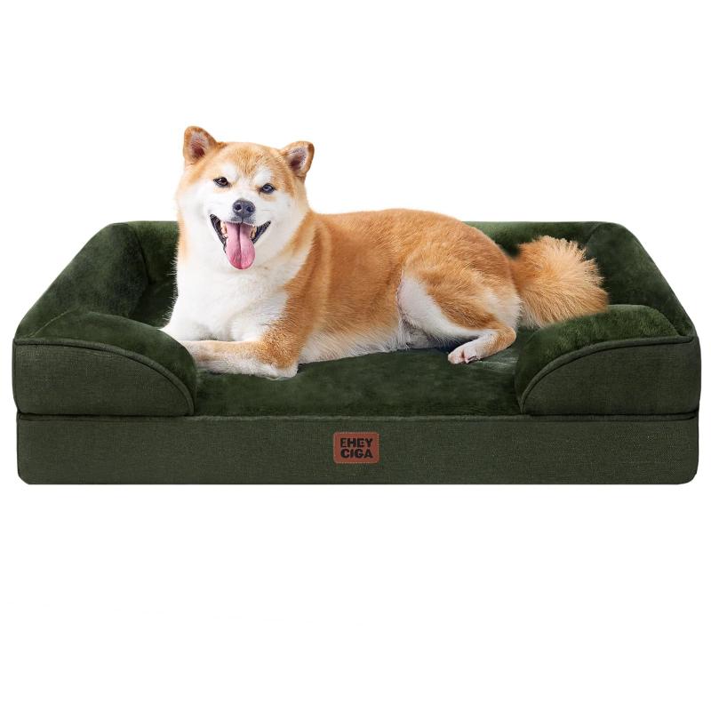 Rakuten - EHEYCIGA 犬 ベッド ペットベッド 防水 猫 ベッド 洗える 犬用 クッション 高反発 取り外せるカバー 滑り止め オールシーズン 中型犬 大型犬(89x56x16.5cm，グリーン)