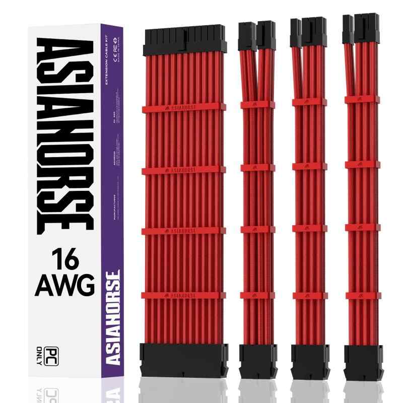 AsiaHorse PC用スリーブケーブル GPU/CPU用PC電源 延長ケーブル 赤 16AWG高性能銅コア 4本 30CM 2本の8ピン GPU 1本の8ピン CPU 1本の24ピン ル 柔軟で管理が容易です 延長ケーブルは1000W