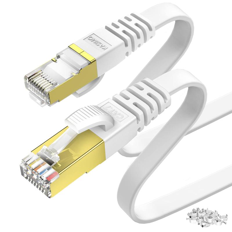 30m KASIMO LANケーブル CAT7 フラット 薄い型 10Gbps 600Mhz/s 高速 有線lanケーブル STP 金ツメ 爪折れ防止 RJ45 wifiケーブル カテゴリー7 フラットケーブル (30m, ホワイト)