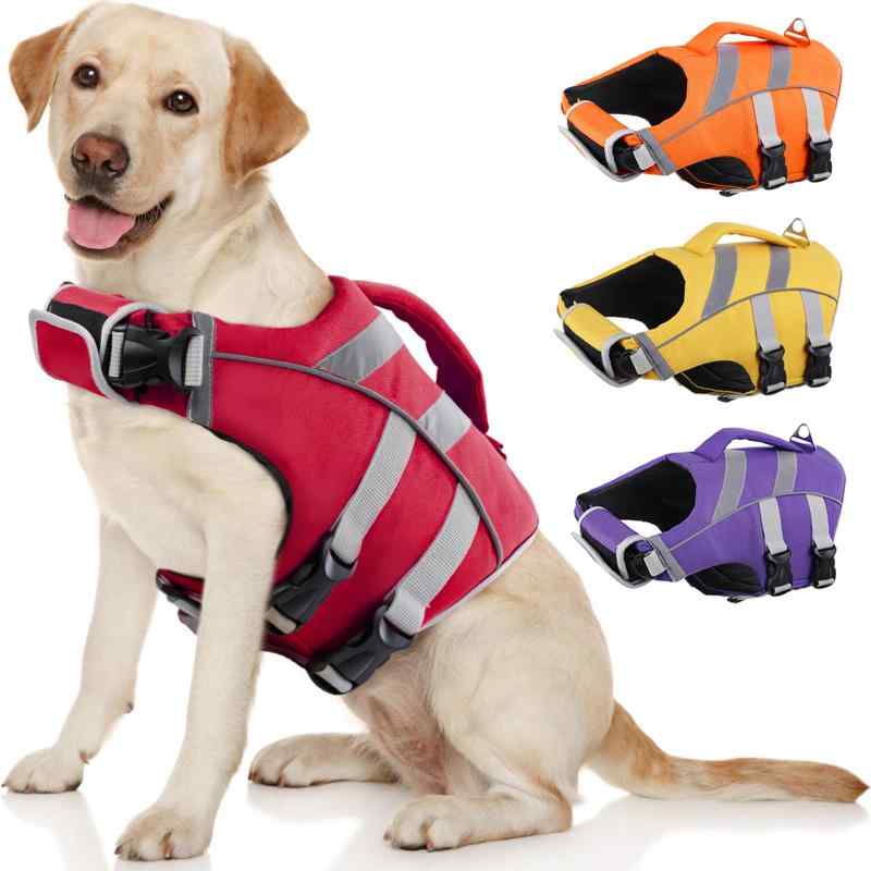 Rakuten - Kuoser犬用ライフジャケット 大型犬用 ライフセーバー 救命胴衣 高浮力素材 反射テープ 着脱簡単 防水 バックル締め マジックテープ 水泳 水遊び プール レッドL