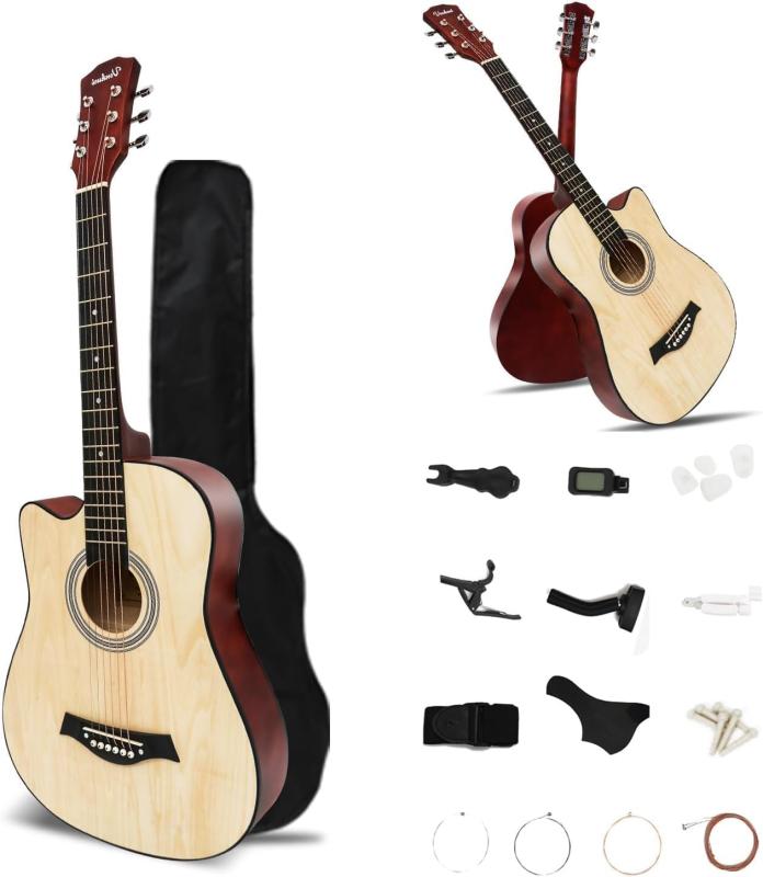 Venkuri アコースティックギター 17点セット 初心者入門セット 練習ギター ソフトケース付き アコギ guitar 艶消しの自然色「どんなお部屋にもなじむクラシックデザイン」木目を活かした自然な風合いと、流線形のボディラインが特徴。シンプルながら高級感のある佇まいは、和室にも洋室にも調和します。このィックギターは、使わないときもお部屋のアクセントとして存在感を放ちます。「手に馴染む快適な演奏性」グリップしやすいボディ形状と適度な重量バランスにより、長時間の練習でも疲れにくい設計。特別に設計されたブリッジピンが弦の振動を効率的にボディに伝え、クリアで豊かな音色を引き出します。初心者から上級者まで満足できるィックギターです。「届いてすぐチューニング完了」高精度のペグを搭載し、チューニングの安定性が抜群。一度合わせた音程が長時間キープされるため、練習のたびにチューニングし直す手間が省けます。ストレスなく演奏に没頭できる、音楽を楽しむためのィックギターです。「音の広がりを実感する響き」厳選された木材と精密なブレイシング設計により、ボディ全体に振動が行き渡ります。アコースティックならではの温かみのあるサウンドが、コードを弾くたびに部中に広がります。このィックギターは、演奏する喜びを日々感じさせてくれます。「ギター初心者へのプレゼントにも最適」必要なアクセサリーがすべて揃った17点セットは、ギターを始めたい方への贈り物としてぴったり。別途何かを買い足す必要がなく、届いたその日から演奏を始められます。ィックギターで音楽のある暮らしを始めてみませんか。