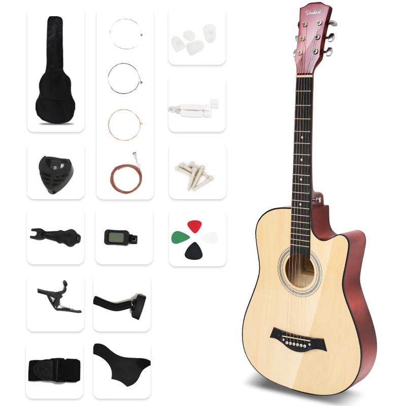アコースティックギター 17点セット 初心者入門セット 練習ギター ソフトケース付き アコギ guitar LGJT-YM2405-A「装飾性と実用性兼ね備えたギター」 木材に精緻な加工、塗装、研磨など工芸を施し、流線形ヘッドを作成。高級感のあるデザインで、手触りが良く、音程調整が簡単。光沢塗装が高級感と質感を提供、光が当たると非常に優雅な光沢が現れます。思い切ってギターを演奏しましょう。自分用にも、クリスマスプレゼントとしても使えます。「特別にデザインした弦高とブリッジピンと赤銅弦」を採用し、演奏を容易にしました。指板は軽い押しで確実に弦に触れ、美しい音色を簡単に引き出します。特製ブリッジピンは振動を効率的にボディに伝え、伝統的なピンよりも優れた倍音を提供し、音質の損失を防ぎます。赤銅製の弦は触感が柔らかく、繊細な旋律を奏でます。「厳選された木材ならで作られた表板と側背板」このギターの表板と側背板は、異なる種類の木材を組み合わせて合成するのではなく、伐採され、直ぐに乾燥させられ、何年もの歳月を経て手に入れた木材で作られました。外観は非常にクラシックで優雅で、高級感に溢れ、特有の木材特性により美しい音色を奏でます。「専門な職人が手掛けた精緻な仕上がり」安定したブレイシング、標準的な樽型、精緻な仕上げ、ヘッドの初心者向け調整を備え、指板と弦の高さ差も特別にデザインされています。軽い押しで美しい音色を演奏でき、ギターの寸法は約96cm x 36.5cm x 8.5cmです。品質の木材を厳選し、湿気処理と真空乾燥を3年以上施しています。「初心者段階のギター練習にぴったりな17点セット」ソフトケース、ピン抜き、指カバー、チューナー、カポタスト、ギタースタンド、ワインダー、ギターピックボックス、ブリッジピン、ストラップ、ピックガード、ギターピック、細い弦1、細い弦2、細い弦3、6本の交換用弦の、17点の初心者にピッタリな道具が大揃い初心者段階の練習は、もう大丈夫です思い切って、練習しましょう