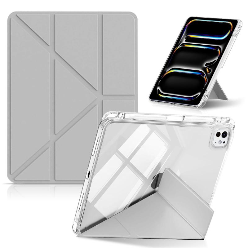 CeiLarv iPad Pro 11インチ M5 2025 / iPad Pro 11インチM4 2024 ケース 用 - (グレー)1.【対応機種】iPad Pro 11インチ M5（2025年モデル、モデル番号 : A3363 A3364）/ iPad Pro 11インチ M4（2024年モデル、モデル番号 : A2836、A2837）の専門設計です。ご注意：iPad本体の裏面に記載されているモデル番号をご確認の上、正しい型番をお選びください。（ご注意：iPad Pro 11インチ 2022 第4世代 / iPad Pro 11インチ 2021 第3世代 / iPad Pro 11インチ 2020 第2世代 / iPad Pro 11インチ 2018 第1世代は対応できません。）2.【横/縦置き回転、倒れない縦置き】横置きと縦置き両方を叶えるスタンド機能は使いやすくて便利です。三角形の抜群安定感により倒れなく使えます。折り紙のようにおることで角度は4つ選択でき(34°、53°、57°、62°)、ネットサーフィンに動画鑑、勉強等の作業向けとスムーズに素早く切り替えられる。3.【透明バックカバー】このタブレットケースは薄型・軽量のPUレザー製ケースを採用し、フロントカバー内部に均等に配置された複数の磁石を内蔵しています。フロントカバー内側は極細繊維素材を使用しており、摩擦によるスクラッチを低減し、LCDスクリーンを保護しつつ清潔を保ちます。透明バックカバーは柔軟なTPUフレームを搭載し、取り付けが簡便です。また、バックカバー本体はPC素材で製造されており、タブレット端末を衝撃から効果的に守ります。(注意：透明バックカバーには保護フィルムが貼り付けられていますので、使用前に必ず剥がしてください。)4.【自動スリープ機能＆Apple Pencil収納機能】保護ケースを開くと自動的に画面が復帰し、閉じると自動的にスリープモードに入ります（最大限に電力を節約できます*）。本製品には使い勝手の良いペンホルダーが装備されており、Apple Pencilの紛失を心配する必要がありません、いつでもどこでもiPadを快適に使えます。。(ご注意：本製品は保護ケースのみです。タブレット端末およびApple Pencilは含まれていません。)5.【薄型軽量・外出も気軽】重量わずか 250 グラムで、薄型軽量なデザインを実現。市販の多くのフリップ式ケースに比べて軽量で、iPad に余分な重量を追加することがありません。iPad の持ち運びをより快適かつ簡単にします。さらに、充電ケーブル、イヤホンジャック、カメラ、電源ボタンの位置に高精度な開口部を設けていますので、ケースを取り外すことなくタブレットの各種操作をスムーズに行えます