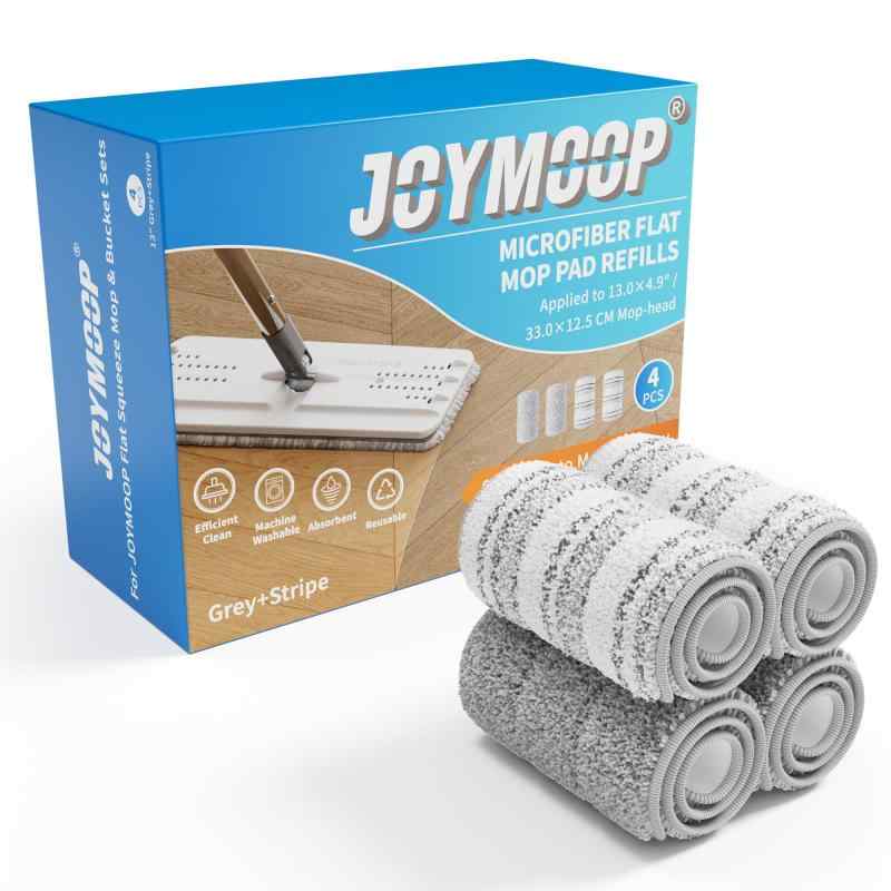 JOYMOOP 水拭きモップ用マイクロファイバーモップ替えパッド 洗濯可能 33cm x 12.5cm 4枚入り グレーとストライプ フラットモップ用 モップ替え パッド 床を保護