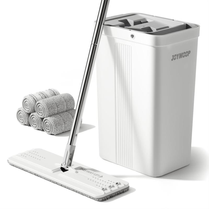 JOYMOOP モップとバケツ 絞り器付きセット ホワイトフラットスクイーズモップバケツセット 床掃除用 ウェットドライモップ 壁用 ロングハンドル付き壁クリーナー ハードウッドフロアモップ