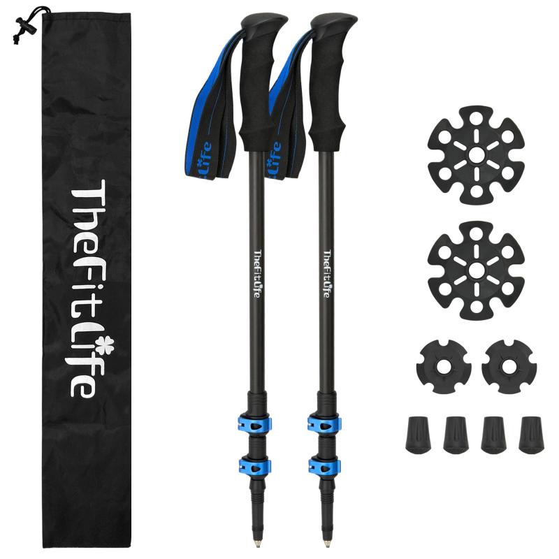 TheFitLife トレッキングポール カーボン 登山 ストック 軽量 57-120cm伸縮 ウォーキングポール ウォーキングステッキ 2本セット 登山杖 登山ポール 山登り ステッキ ハイキングポール 男性 女性 【 驚きの軽さと強度】トレッキングポールはカーボン素材で作られていますので、1本はわずか180g（本体のみ）となります。これを使うことでより少ない労力でより速く進めます。強度が高いカーボン素材を使うことで優れた強度と剛性を持ちます。これにより、ポールはより軽量かつ丈夫になります。【どんな体型の人でも使える】ポールのロックは強度が高い金属製レバーロックですので、これを利用して数秒以内にポールの長さを調節してしっかり固定することができます。TheFitLifeのポールは、日本人の身長と体型を考慮した上で設計しています。一般の登山から自然の中でのウォーキングまで、男性・女性・高齢者でも使えます。【握り心地が良いグリップ】EVAグリップは手汗を吸収して手のひらがいつも快適にしています。やわらか素材のストラップはお肌にやさしく、快適な握り心地をもたらしています。扱いやすく、日本人の手にフィットするグリップ。丁寧に作られているトップグレードの品質、ファッショナブルなデザインを是非ご体感ください。【いろんな地形に対応できる】ポールの石突きに付属品を装着することにより、地面に突いたときの安定感が高いです。また、ポールの石突きにネジ山を設けることでご使用する時にラバーキャップの脱落を防止します。不使用時はポールをリュックに取り付けますと、歩行の邪魔にならず、使いたい時にすぐに取り外せます。【汎用性が高い】使用者身長対象範囲：130-176cm。ポールの先端はタングステン鋼製で高いグリップ力を発揮することができます。【ご注意】（1）本商品は登山向けに使用するトレッキングポールです。スキー用ではありませんのでご注意ください。（2）力を入れますとポールが縮む場合、ロックのネジを回してロックの強度を調節してください。