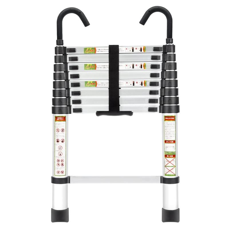 Rakuten - RIKADE 伸縮はしご 耐荷重150kg 軽量 持ち運びやすい 折り畳み 伸縮梯子 多機能アルミはしご 自動ロック スライド式 伸縮自在 梯子 室内室外両用 スライド式 フック付き (シルバー, 2.6)