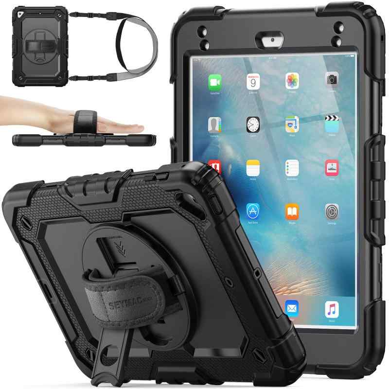 SEYMAC stock iPad Mini5/Mini4専用耐衝撃 ケース，ブラック【対応機種】：本品はiPad Mini第5/第4世代専用デザインです。型番：A2133 / A2124 / A2125 / A2126（iPad Mini 5），A1538 / A1550（iPad Mini 4）のみに適用されるため、ご購入前に必ずご確認ください。【ハンドストラップ＆ショルダーストラップ】：どの場所、状況でも使いやすい、手を通すタイプのハンドストラップ＆首や肩に掛けるタイプのショルダーストラップは遊び、旅行中などにハンズフリーになります。大事なiPad mini5/mini4を落とさずに操作に集中できます。子供にも気楽に楽しめます。【縦置き＆横置き両対応360°回転スタンド】：スタンドはiPad mini5/mini4を持たずに操作できるだけでなく、映画鑑、絵描き、ゲーム、仕事など幅広い用途で縦置き＆横置きを自由に調節可能です。【耐衝撃・保護力倍増】：高品質の熱可塑性ポリカーボネート（PC）、すべり止め効果的のあるシリコンで構成され、iPad mini5/mini4本体を隅々までしっかり保護します。耐衝撃/落下防止/防塵/耐久性能は抜群、手触りも快適です。【ペン収納・優れた操作性】：ペンの紛失を防ぐペン収納付き、対応機種のiPad mini5/mini4ピッタリサイズに設計され、各ボタンの操作、充電などの機能はケースをつけたままスムーズに操作できます。