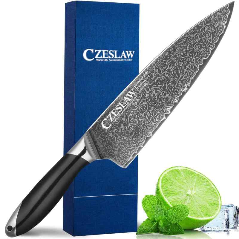 Czeslaw 牛刀包丁、ダマスカス 包丁, 日本式ダマスカスシェフナイフ、20cmプロフェッショナルシャープクッキングナイフ、手鍛造ブラック日本式黒包丁、フルタング、人間工学に基づいたABSハ
