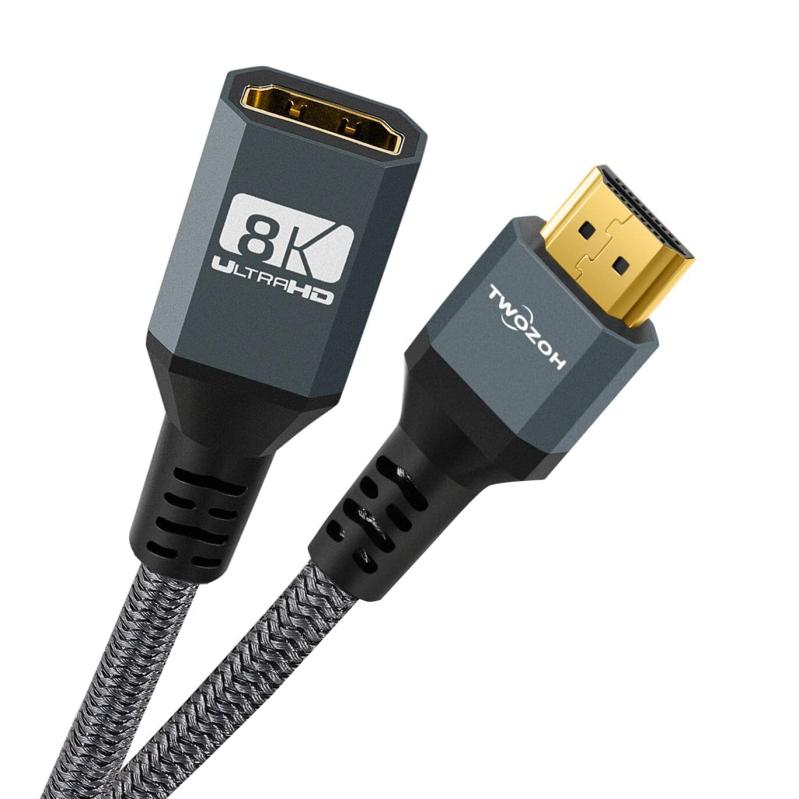 Twozoh 8K HDMI 2.1延長ケーブル 1M HDMI オス-メス 変換ケーブル 48gbps HDMI延長短い ナイロン編み（100cm グレー）【8K HDMI 延長ケーブル】最新のHDMI 2.1規格(8K@60Hz、4K@120HZ、最大48gbpsの帯域幅をサポートし、以前のバージョンと下位互換性があります。3D映画、eARC、ディープカラー、HDR、UHD、HDCPなどのハイビジョン映像に対応可能です。【幅広い互換性】標準のHDMI2.1端子が搭載したNintendoSwitch、 PS5/PS4/PS3、 TV Stick、Apple TV、8K&amp;4K HDTV、BOX。【8K 高画質】8K HDMI 延長ケーブルと接続で、8K@60Hz、4K@120HZ zの高解像度が実現、希望の距離で8K配信される映画やドラマなどを高解像度・高精細で楽しめます。【優れた安定性】劣化に強い24K金メッキコネクター、及び多重シールド処理を施すことにより、信号ロス・ノイズを最低限まで抑え、 映像・音声を遅延なく転送。【注意】 本HDMI2.1ケーブルは、8K HDMI オス- 8K HDMIメス ケーブル ストレッチスプリングケーブル使用の機器のhdmiポートであることをご確認ください。
