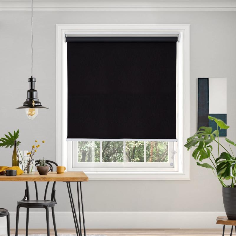 Rakuten - Deconovo プルコード式 ロールスクリーン 幅130cm 丈180cm ブラック ロールカーテン 1級遮光 100%遮光 保温 断熱 遮熱 防音 防寒 UVカット