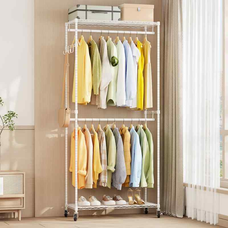 Rakuten - AZAKBL ハンガーラック 頑丈 洋服ラック 大容量 キャスター付き 棚付き 耐荷重160kg クローゼット ワードローブ ハンガーラック2段 洋服掛け 防サビ加工 組み立て簡単 高さ調節 省スペース お