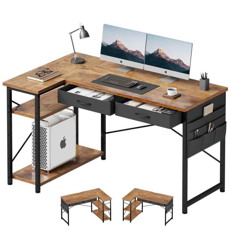 Rakuten - Maihail l字デスク机pcデスク ラック付き パソコンデスク 幅120cm×奥行50cm つくえ 勉強机学習机 左右入替可 布製引き出し付き オフィスデスク ワークデスク 収納ラック ビンテージ