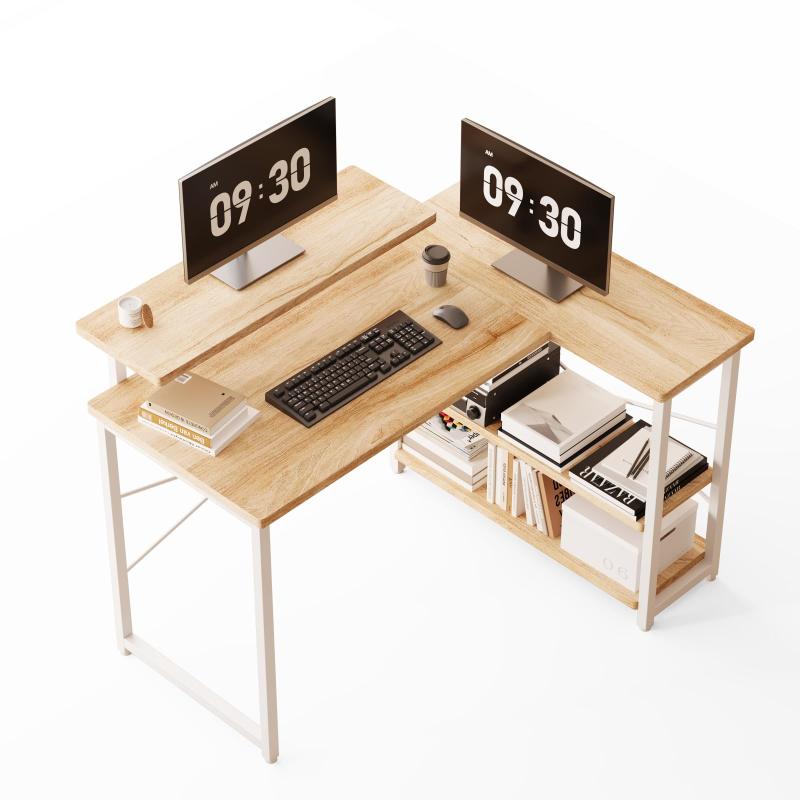 Merytes パソコンデスク 学習机 勉強机 computer desk ゲーミングデスクワークデスクL字デスク 棚 付き pc 省スペース 組立簡単 在宅勤務【商品仕様】パソコンデスクとしてはもちろん、ゲーミングデスクとしても使用できるおしゃれなL字デスク。本体サイズ：約幅105×奥行48×高さ75CM 本体重量：約14.5KG お客様組立て品です。【ラック付き】デスクの足元には一体型のラックが備え、本や書類などを使いたい時にサッと取り出せます。また、L字型のデザインで部屋のコーナーを最大限に活用でき、ご家庭でもオフィスでも、日常の操作に十分なスペースを確保できます。【細部に満ちたデザイン】L字デスクの後ろにコードを通すための隙間を設け、デスクを壁に密着させることができます。学習机がより丈夫で安定するために、机の里側に交差する補強金属を加えました。【ゲームと仕事両立】L字ゲーミングデスクは実用性が高く、ゲームプレイ、在宅勤務、書斎机、勉強机など様々なシーンで大活躍モニター台を利用して目線をあげることで、作業時の姿勢を改善し、テレワークが快適になり、作業効率も格段に上がります。【組立簡単&amp;耐久性高い】分かりやすい説明書あり、女性にも組立簡単です。汚れに強く、高強度のメラミン化粧板を採用し、キズや熱・水分に強く、長持ちしやすいコーナーデスクです。机の天板はフィレット設計で、安全性が高く、衝撃時に怪我を防げます。