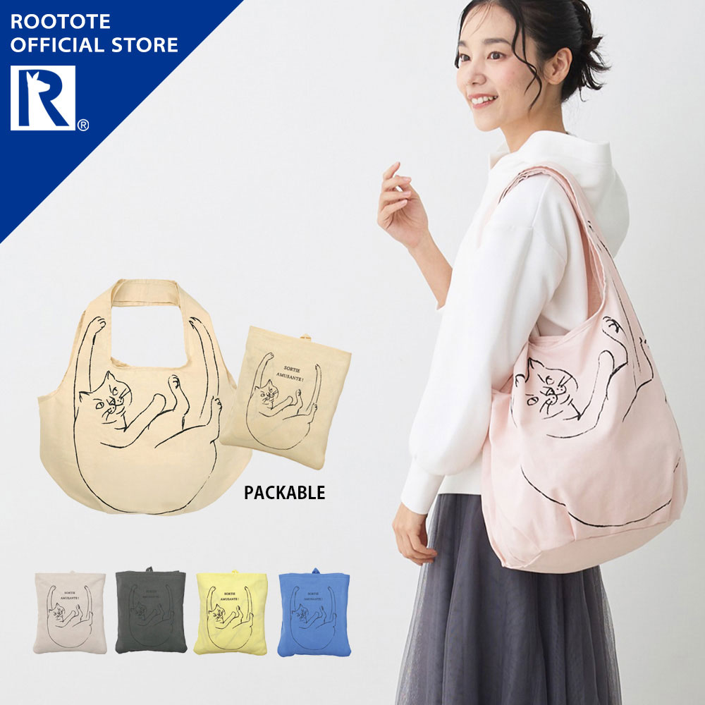 【ルートート公式】 トートバッグ レディース おでかけ ブランド ROOTOTE【EU.ラウンド.ブラサガリネコ-A（全6種） 品番1188】エコバッグ ショルダー 肩掛け サブバッグ 大きめ 大容量 コンパクト 綿 コットン 洗える 折りたたみ カジュアル メンズ 男女兼用 ねこ 猫