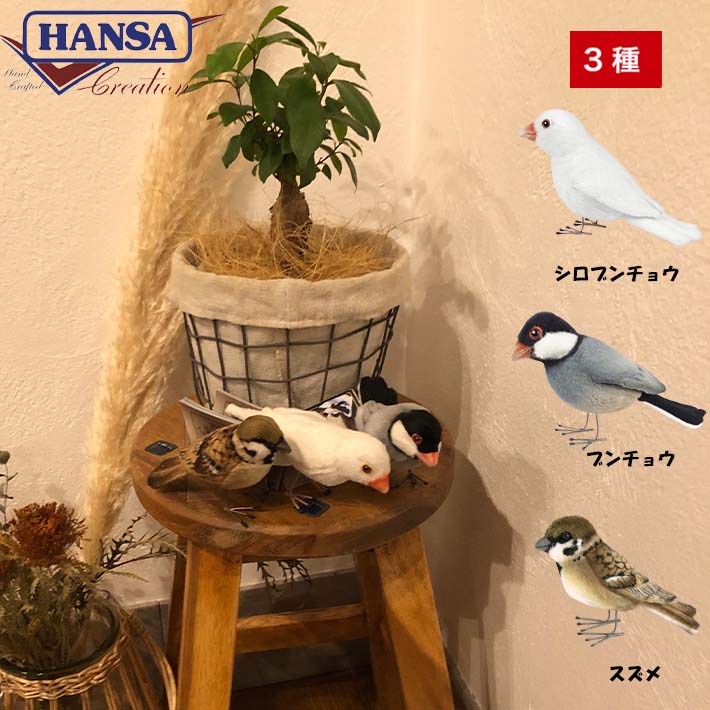 HANSA リアル 小鳥 3種類 鳥 シロブンチョウ ブンチョウ スズメ ディスプレー インテリア グッズ 置物 贈り物 玄関 リアルアニマル 可愛い プレゼント アニマル ことり おしゃれ ぬいぐるみ