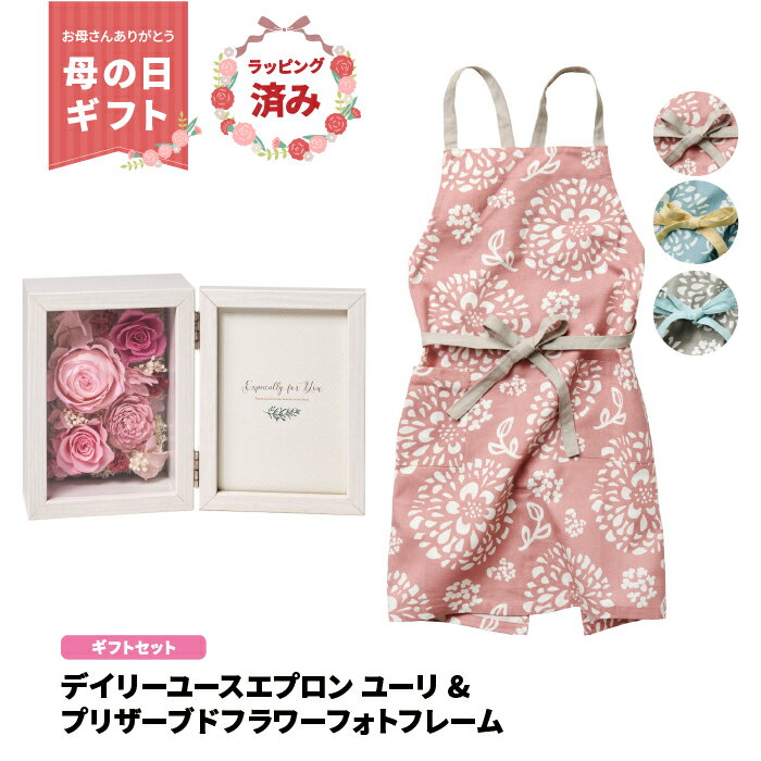 【ギフト】デイリーユース エプロン ユーリ プリザーブドフラワー フォトフレーム セット ラッピング済み Mサイズ ギフト プレゼント バラ カーネーション 玄...