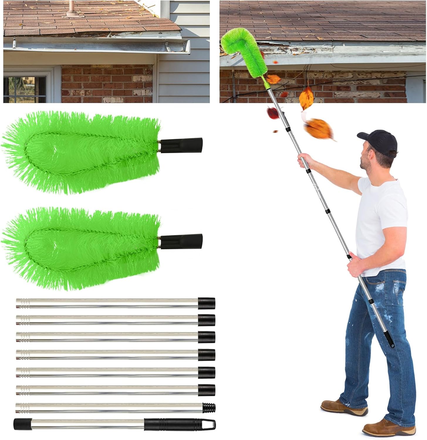 雨樋掃除ブラシ 蜘蛛の巣取り棒 大掃除 ブラシ ブラショーツ ブラシセット ブラシアイロン はたき ホコリ取り 雨樋掃除道具 雨どい掃除ツール 屋根ふきガード 長い3メートル 延長ポスト付き 高所掃除ブラシ 蜘蛛の巣対策 葉や蜘蛛の巣を掃除する