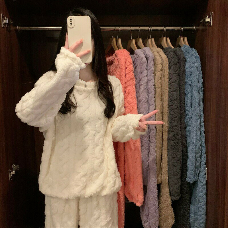 乐天商城 - レディース ルームウェア セットアップ もこもこ ふわふわ あったか パジャマ フランネル 可愛い ケーブル柄 女性用 上下セット 部屋着 室内着 長袖パジャマ 大人 防寒 保温 秋 冬 軽量