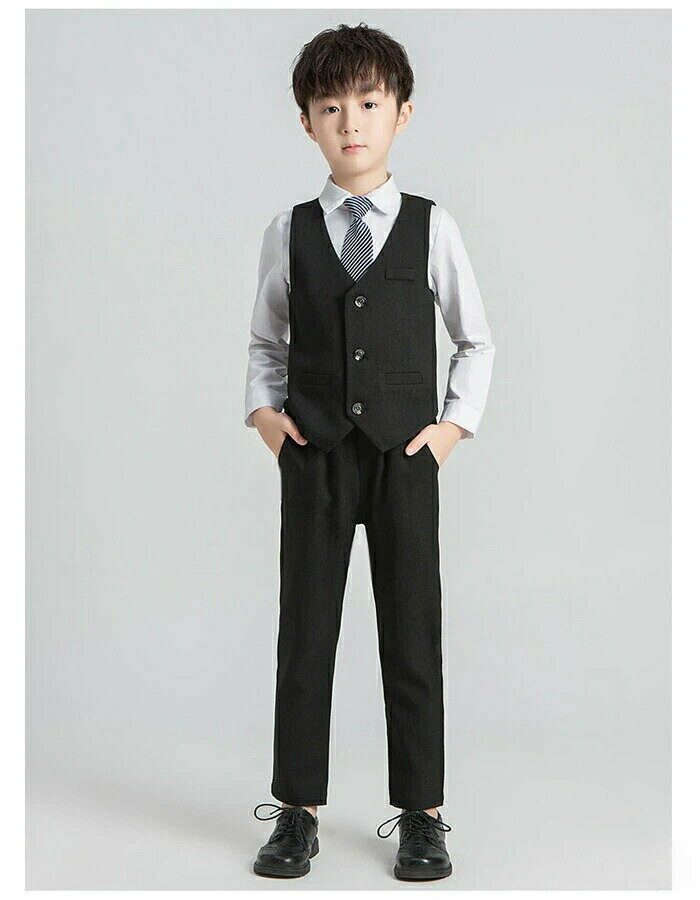 卒園式 シャツ ベスト ズボン スーツ 半袖 フォーマルスーツ 長袖 発表会 入学式 卒業式 受験用 七五三 ネクタイ 4点セット 上下セット 通学 通園 普段着 ジュニア服 団体服 演出服 小学校 クラス活動 詩の朗読 大合唱 集団公演 ブラック