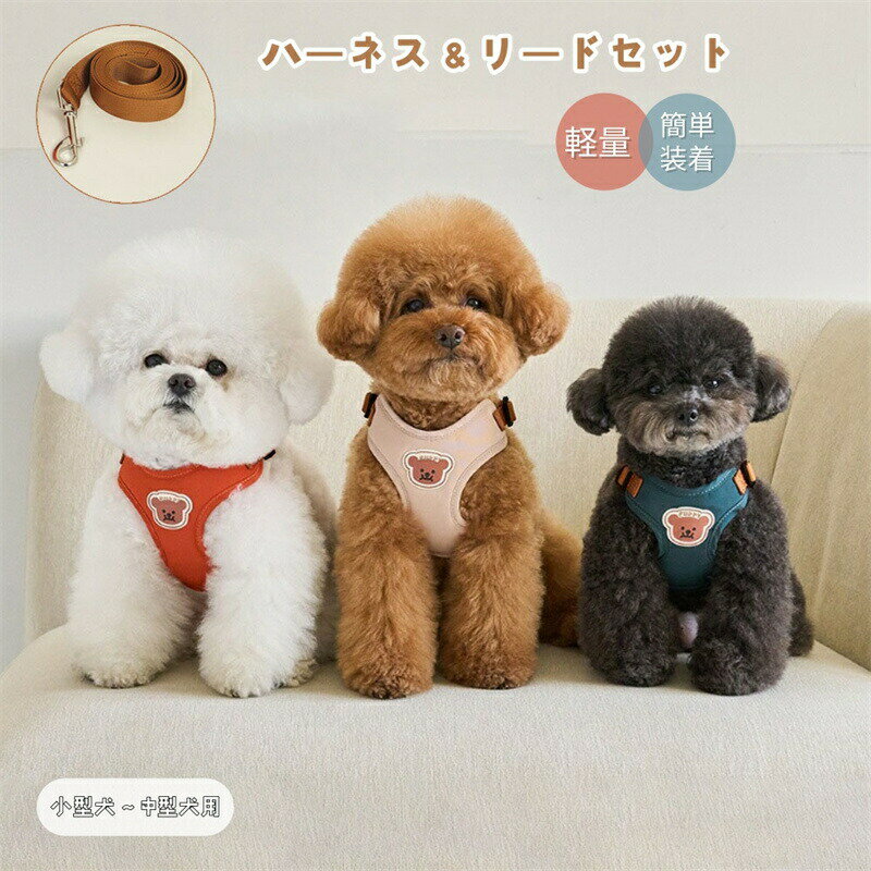 Rakuten - ペット用ハーネス リード付き 犬用 ベスト ハーネス ハーネスリード リード付き 犬 ハーネス ベスト型ハーネス リードセット 犬 小型犬 中型犬 ベスト 牽引ロープ 胸当て 胴輪 ハーネスセット 可愛い 軽量 調節可能 着脱簡単 2点セット 引っ張り防止 通気 お散歩 お出かけ