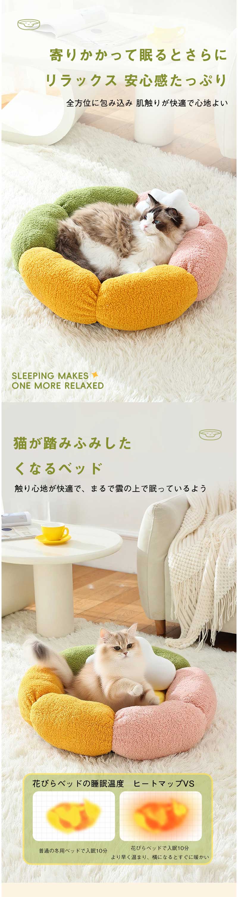 Rooty楽天市場店のペットベッド 秋冬 円型 丸い 花 雲 枕付き 冬 背もたれ あごのせ 犬猫冬 ペット ベッド 洗える 猫ベッド ふわふわ もこもこ ペットハウス ペットクッション ペットソファ マット 小/中型犬 クッション 形崩れにくい ペット用寝袋 かわいい｜アングル3