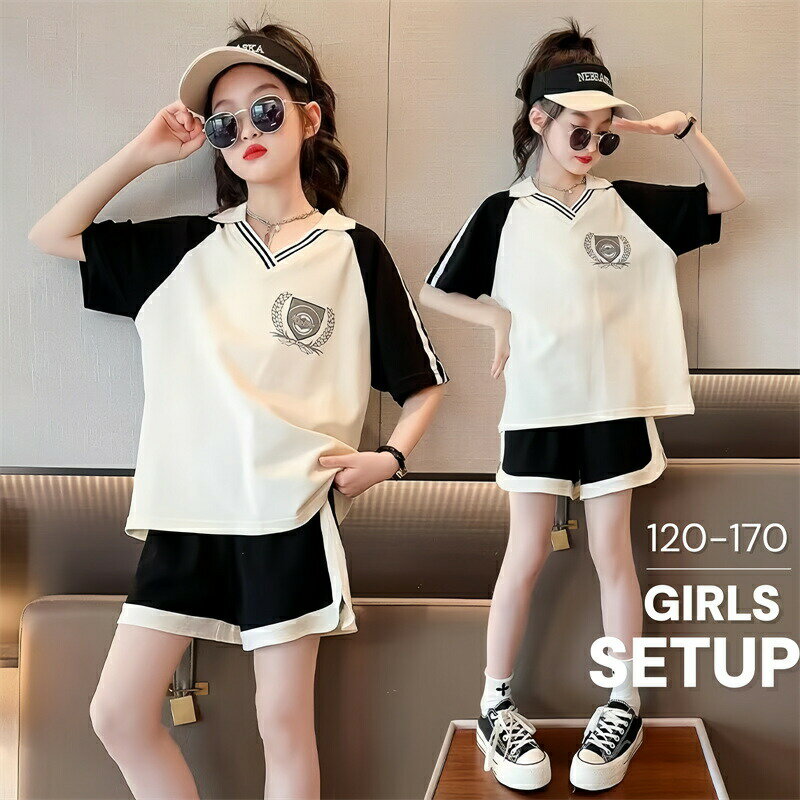 Rakuten - 子供服 女の子 セットアップ ジュニア 夏服 半袖 ガールズ 半袖Tシャツ ポロシャツ ショートパンツ キッズ 上下セット ジャージ パンツセット カジュアル 普段着 キッズ服 トップス 半袖スウェット 大人っぽい 韓国風 通学 旅行 発表会 遊園地