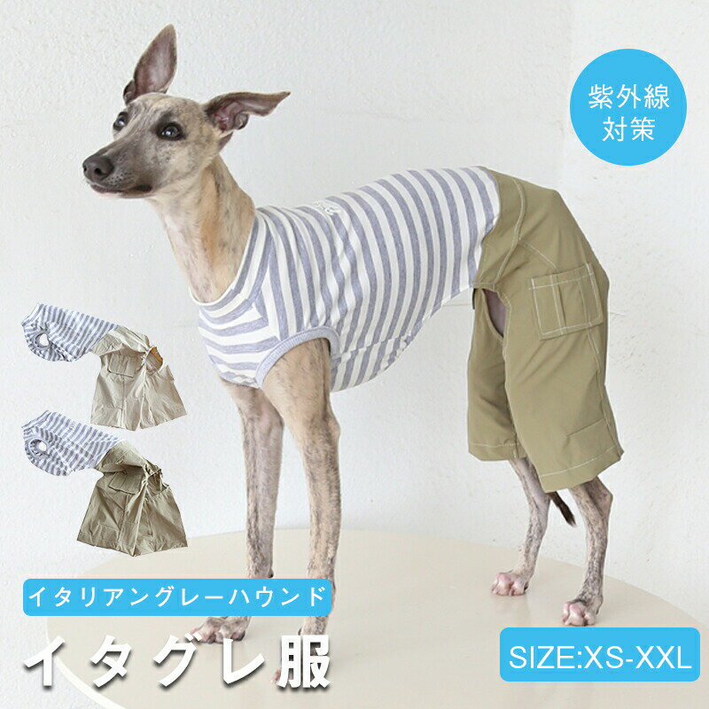 Rakuten - イタグレ服 サロペット風ロンパース ボーダーTシャツ＋カーゴパンツ XS～XL イタリアングレーハウンド専用 ドッグウェア 伸縮性