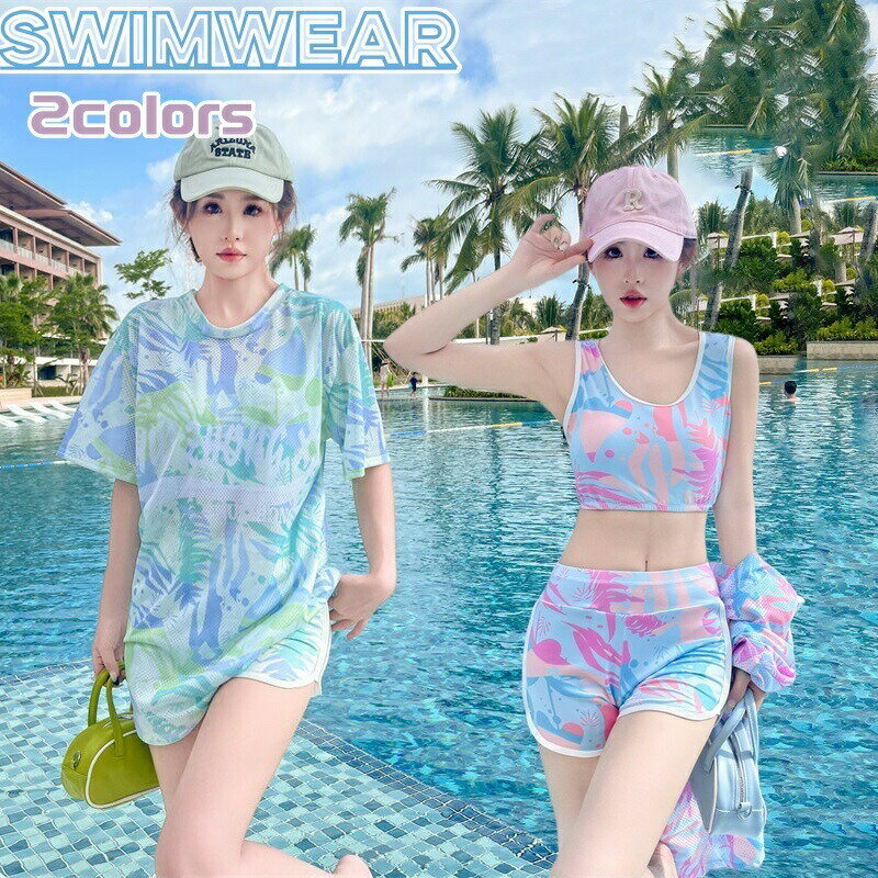 樂天商城 - 水着 レディース ビキニ 3点セット 半袖Tシャツ 体型カバー タンキニ パッド付き ショートパンツ 可愛い セパレート ラッシュガード カバーアップ ジュニア 小胸 ゆったり みずぎ スイムウエア 学生 女性 温泉 海水浴 海 ビーチ リゾート 韓国風 少女