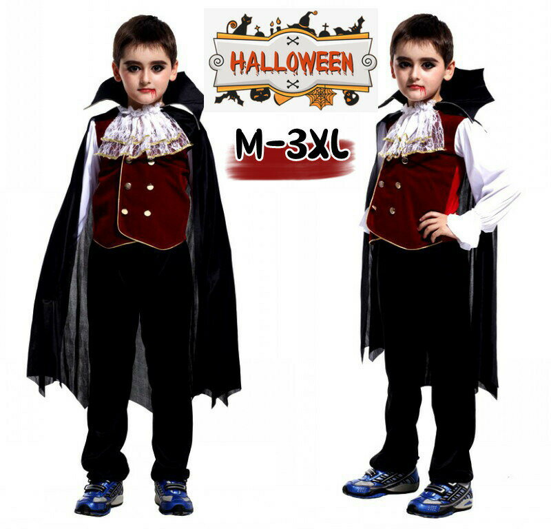 Kids' Halloween Vampire Costume for Boys - 3-Piece Set (Jacket, Pants, Cape) - Perfect for Events, Costumes, Cosplay, Fancy Dress, School Festivals, Cultural Festivals, Sports Days, and More. Available for online purchase. Great for Halloween, Cosplay, and Fancy Dress.