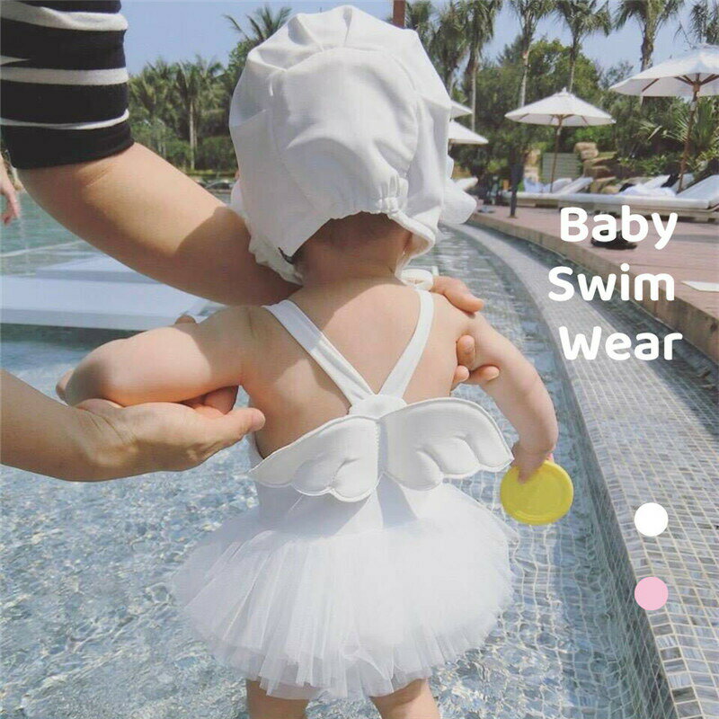 樂天商城 - キッズ水着 女の子 ベビー ワンピース かわいい 2点セット 帽子付き 水着 天使の羽 チュール みずぎ 女児 ガールズ水着 可愛い おしゃれ ベビースイミング 海 プール 海水浴 ビーチ 温泉 旅行 水遊び 練習用 海水浴 プリンセス スイムウェア ホワイト ピンク プレゼント