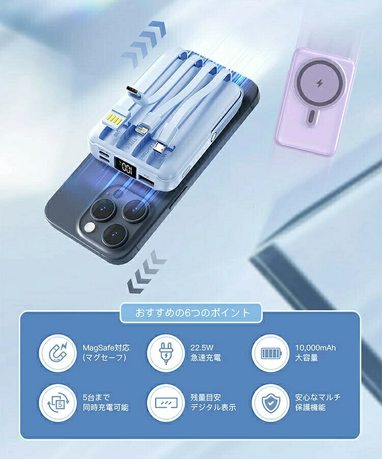 モバイルバッテリー ワイヤレス充電 軽量 小型 10000mAh iphone マグセーフ PD 22.5W高出力 15W高速蓄電 magsafe 急速充電器 5台同時充電 高出力 PD QC QI対応 充電器 持ち運び 多機種 スタンド付き PSE認証済 防災グッズ 停電対策 rorelife-10005341 ローズライフ サンプル画像2