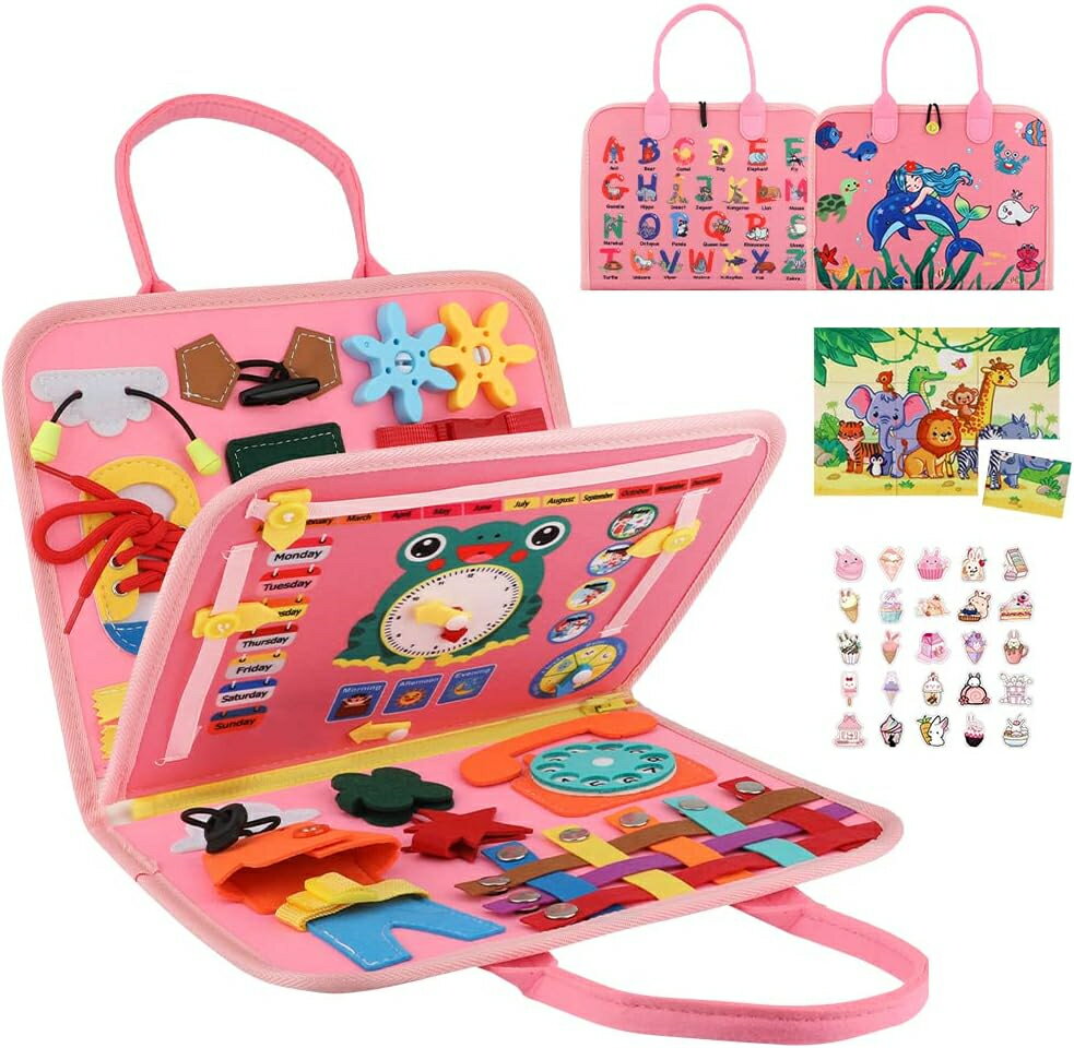 衝撃【半額50％OFF】知育玩具 モンテッソーリ 玩具 ビジーボード 1歳 1歳 絵本 2歳 絵本 0歳 指先の知育 赤ちゃん 知育玩具 0歳 ベビー 紐通し ボタン 時計 アルファベット 数字 時間 色認識 ピンク ビジーボード 1歳 人気の3歳女の子お誕生日 プレゼント ランキング 玩具のサムネイル