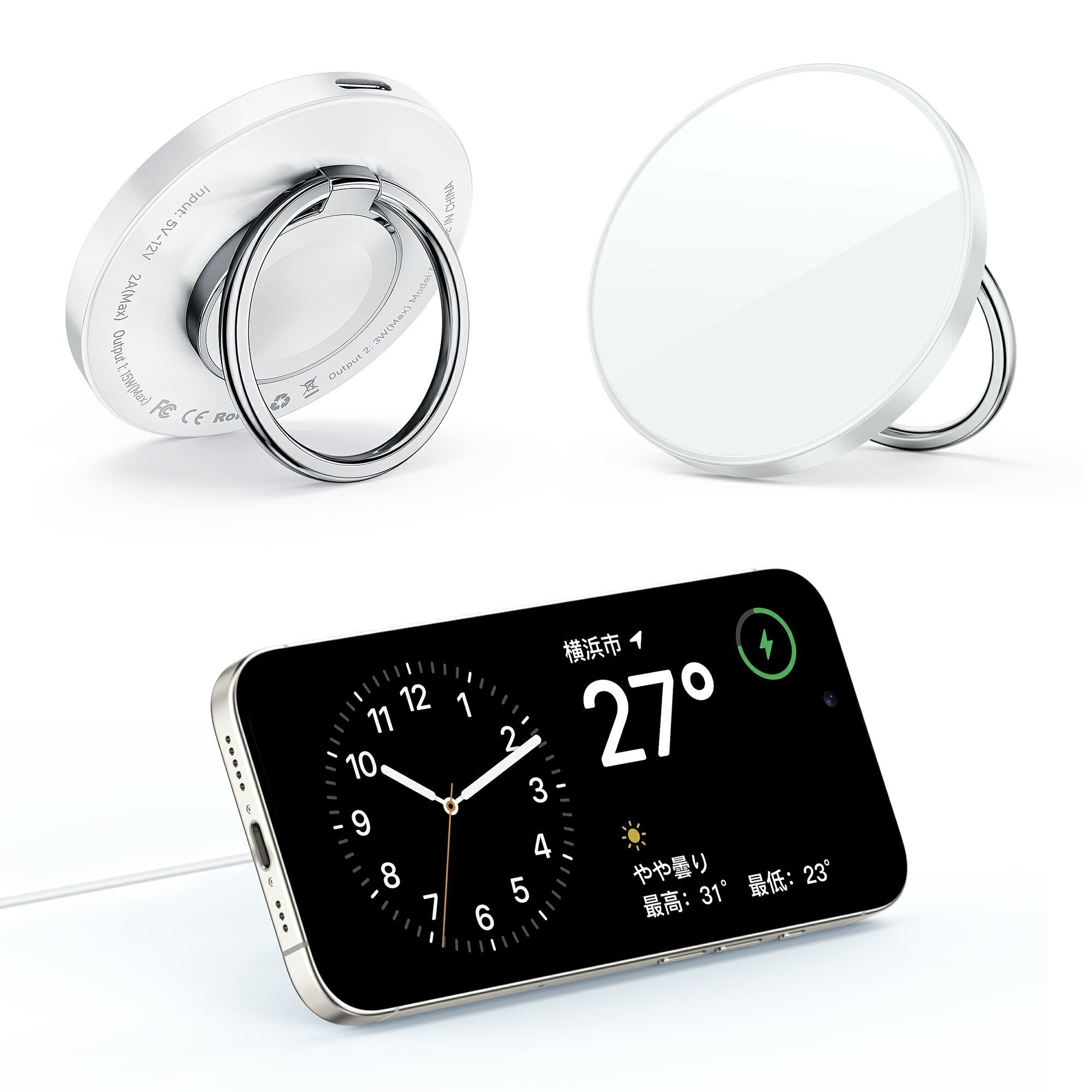 【一年保証 SNS話題♪ 】RORRY [昇進型For Magsafe充電器] 3IN1ワイヤレス充電器 Apple Watch充電器 iPhone/Apple Watch/Airpodsに対応 スマホリング機能付 15W 同時充電 コンパクト TYPE-C Apple Watch Series3-8//9/ultra/iPhone12/13/14/15magsafe対応/QI/Airpodsに対応