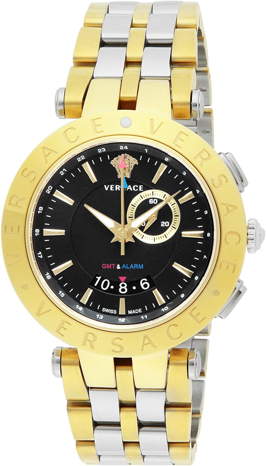 ヴェルサーチェ 腕時計（メンズ） すぐに使える【2点で5％OFFクーポン】ヴェルサーチ 腕時計 メンズ V-RACE GMT ALARM ブラック ゴールド 29G79D009S079 VERSACE