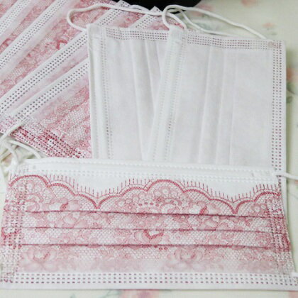 特価品！ 新柄・新発売！ レディースファッション エレガント お洒落マスク 不織布 レッドレース＆フラワー柄 使い捨てマスク 10枚セット 検索：フェイスシールド アイマスク フェイスタオル ハンカチ マスクケース 〜インテリア姫系薔薇雑貨〜