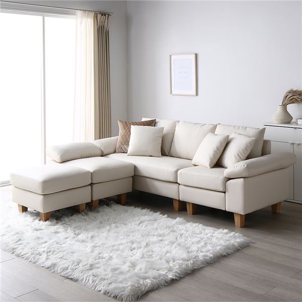 新生活 ALMA アルマ カウチソファ 脚付き 木脚12cm レザー アイボリー PVC生地 ミニクッション 3個付き..