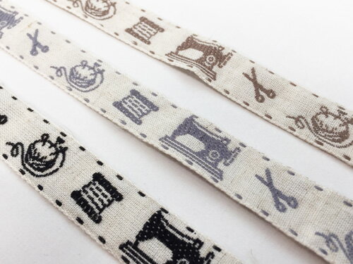 チロルテープ　クラフト柄/ミシン/はさみ/糸/ソーイング/麻混 エンブリボン　約18-19mm幅　No.144-37-DA