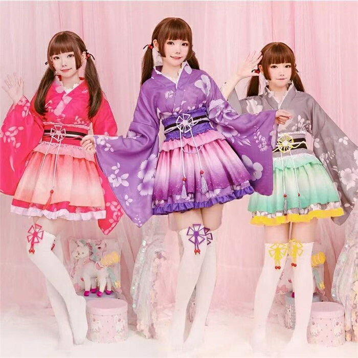 和風コスチューム 花柄着物ドレス ミニ丈 ミニドレス 浴衣セット 上下セット 飾り付き グラデーション 振袖 和風ドレス 大人 可愛いコスチューム 変装 ダンス衣装 キャラクター