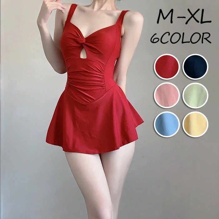 乐天商城 - 【6color】ワンピース水着 レディース ノースリーブ リボン パッド付き セクシー フリル 水着 肩出し 着痩せ 学生 ワイヤーなし 小柄 洋服見え 薄手 伸縮性 水着 海 ビーチ 20代 30代 おしゃれ 露出控えめ