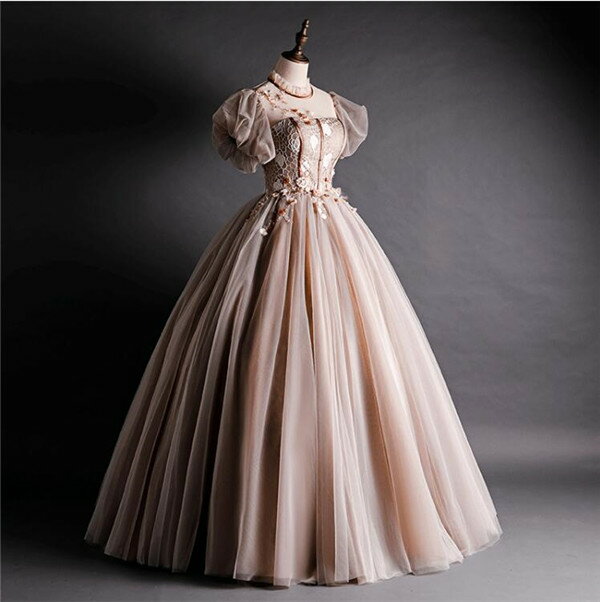 ドレス カラードレス パーティードレス 茶色 ナチュラルカラードレス フレンチバブルズ袖 エレガント 披露宴 ウエディングドレス ロングドレス ワンピース 二次会 演奏会 結婚式 発表会 忘年会
