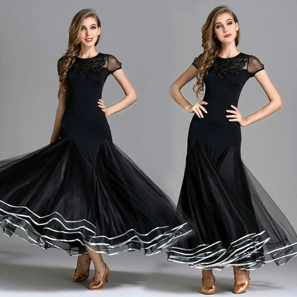 社交ダンスドレス モダンドレス 広がる裾 競技用ドレス ダンス衣装 ダンスウェア ステージ衣装 大きい..