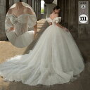 オフショルダー 袖あり トレーンドレス Aライン 白ドレス ワンピース プリンセス 結婚式 二次会 披露宴 前撮り 後撮り 撮影用 フォトウェディング 小さいサイズ ロング エレガント 優雅 花嫁 ウェディングドレス(4)