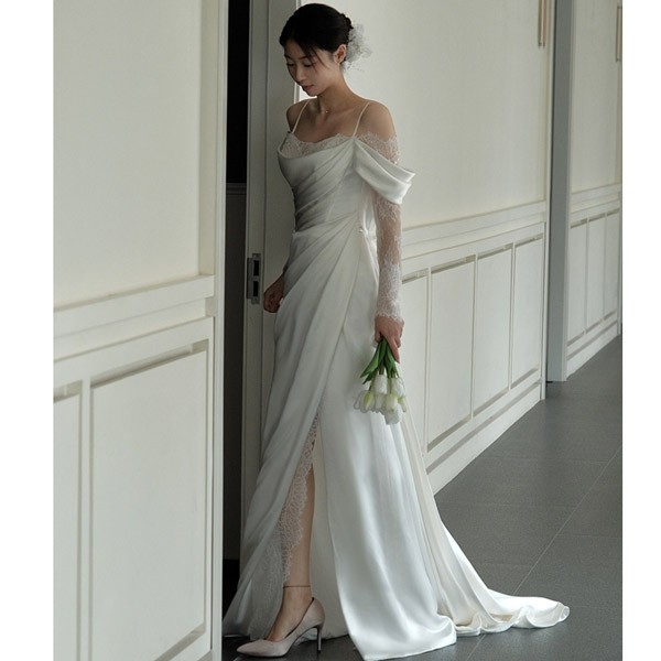 Rosellaのパーティードレス ボートネック 結婚式 大人 ピアノ 発表会 母親 演奏会 卒業式 披露宴 エンパイアライン スレンダー レース ビーチフォト 花嫁 撮影 ウエディングドレス ロング サテン ドレス 二次会 前撮り 大きいサイズ 結婚式 二次会ド｜アングル2