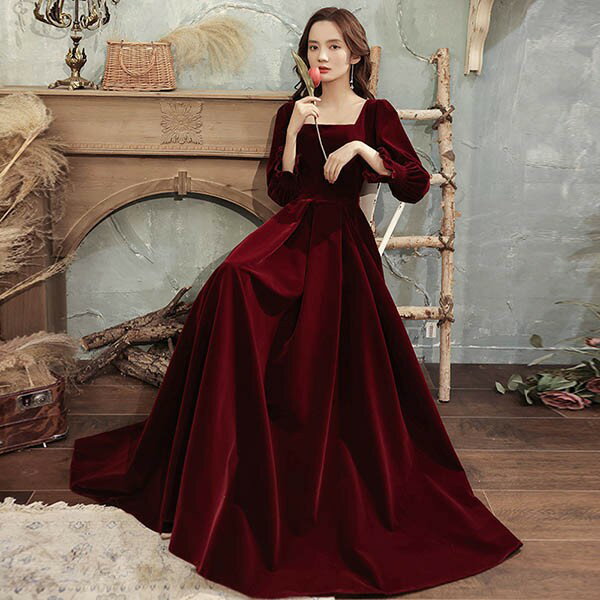 ドレス 大人 ピアノ 発表会 ロングドレス 演奏会 結婚式 母親 ピアノ発表会 袖付き ワンピース 長袖 演奏会ドレス 演奏会用ドレス パーティードレス イブニングドレス ロング丈 大きいサイズ 小さいサイズ フォーマル ワインレッド