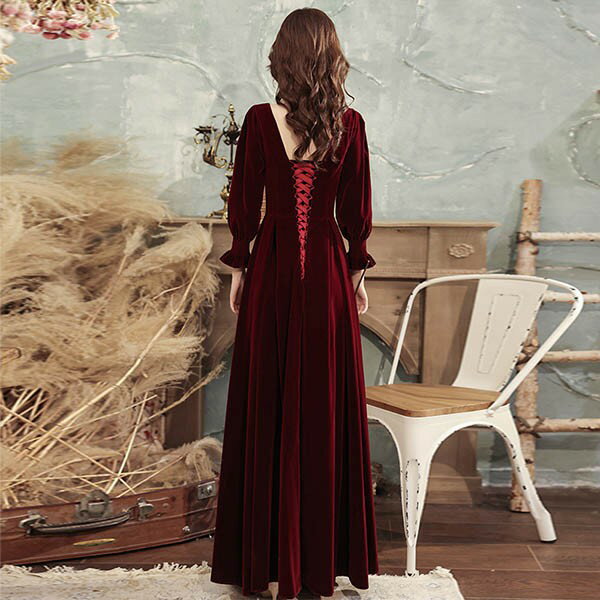 ドレス 大人 ピアノ 発表会 ロングドレス 演奏会 結婚式 母親 ピアノ発表会 袖付き ワンピース 長袖 演奏会ドレス 演奏会用ドレス パーティードレス イブニングドレス ロング丈 大きいサイズ 小さいサイズ フォーマル ワインレッド