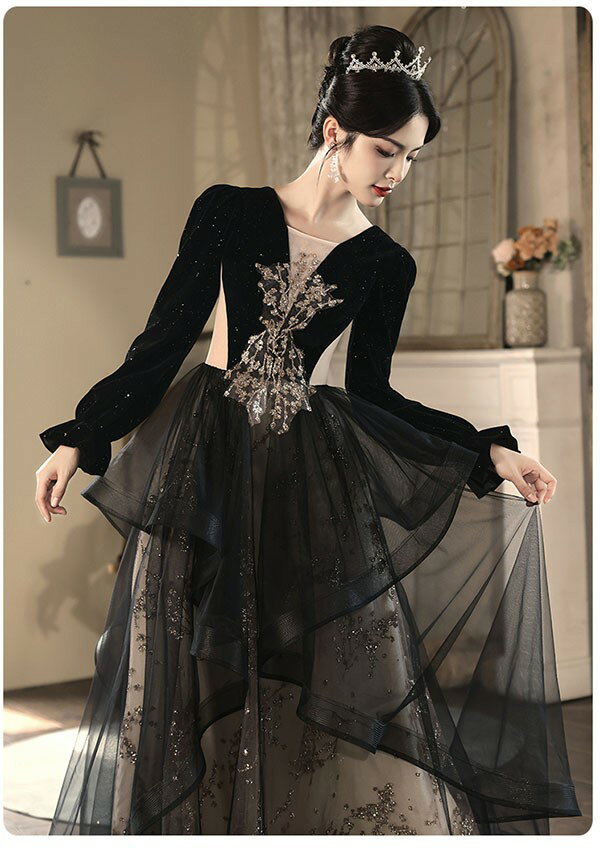 演奏会 ピアノ発表会 袖付き ワンピース Aライン ステージドレス 二次会 女子会 成人式 パーティードレス 大人可愛い ドレス 大人 ピアノ 発表会 ロング丈 ぽっちゃり 大きいサイズ イブニングドレス