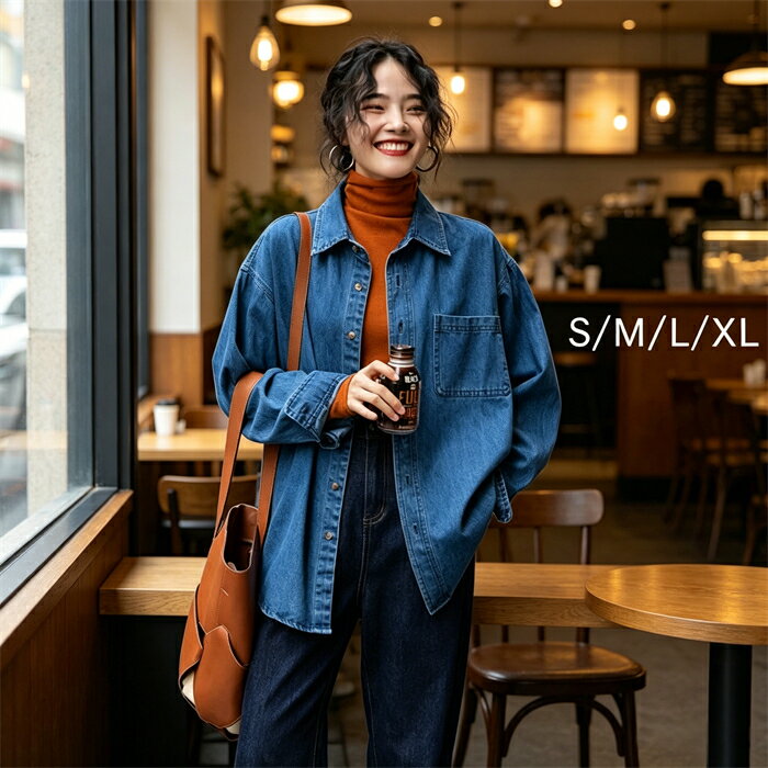 乐天商城 - デニムシャツ オーバーサイズ アウター デニムジャケット レディース デニム トップス ジャケット ブルゾン 体型カバー 大きいサイズ 長袖 羽織 ジーンズ ブルー S M L XL