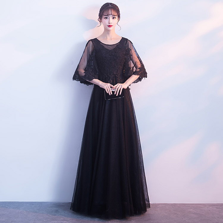 ドレス 大人 ピアノ 発表会 ロングドレス 演奏会 結婚式 母親 ドレス ピアノ発表会 黒 袖付き ロング 演奏会 Aライン パーティードレス 卒業式 パーティー レース 透け感 ブラック ラウンドネック エレガント【S/M/L/XL/2XL/3XL】