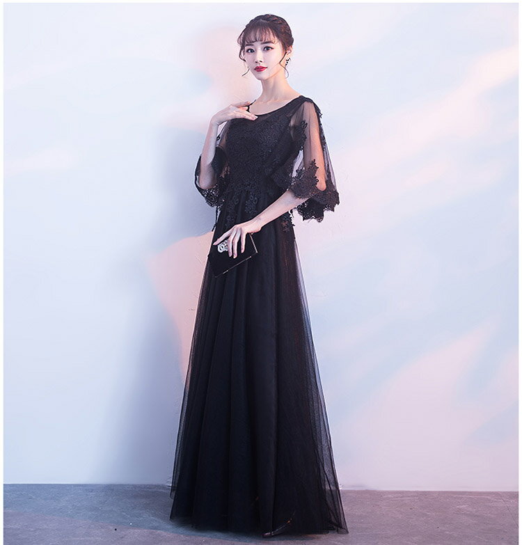 ドレス 大人 ピアノ 発表会 ロングドレス 演奏会 結婚式 母親 ドレス ピアノ発表会 黒 袖付き ロング 演奏会 Aライン パーティードレス 卒業式 パーティー レース 透け感 ブラック ラウンドネック エレガント【S/M/L/XL/2XL/3XL】